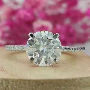 Anel de Noivado com Moissanita de 3,10 Ct e Diamantes de Laboratório - Anel em Ouro Branco 14k/18k - Anel Solitário Redondo com Lapidação Excelente - Aliança de Casamento com Zircônia Cúbica