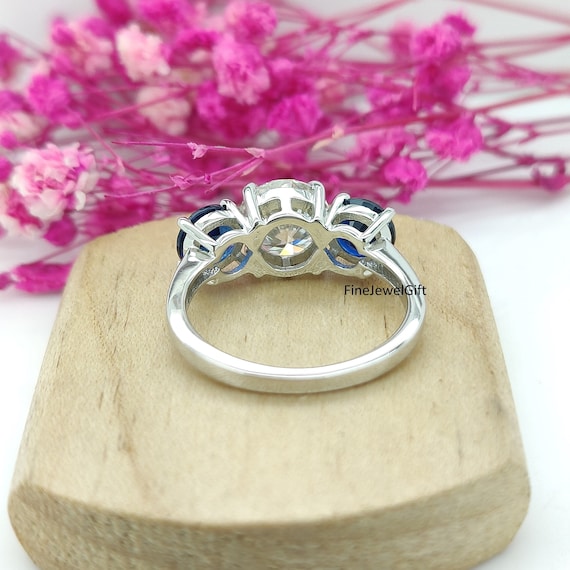Women's 3-Stone Engagement Ring - 925 Sterling Silver With Blue Sapphire & Moissanite (Cushion Cut, 3.50ct, Size 5-9)