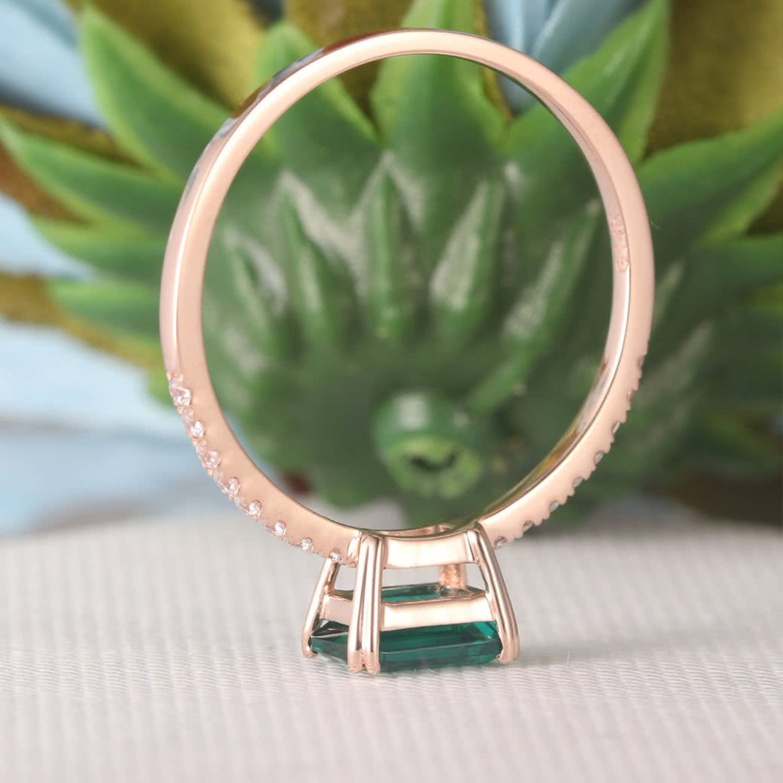 5x7mm Emerald Cut Lab Created Emerald Ring 14K Rose Gold Etsy