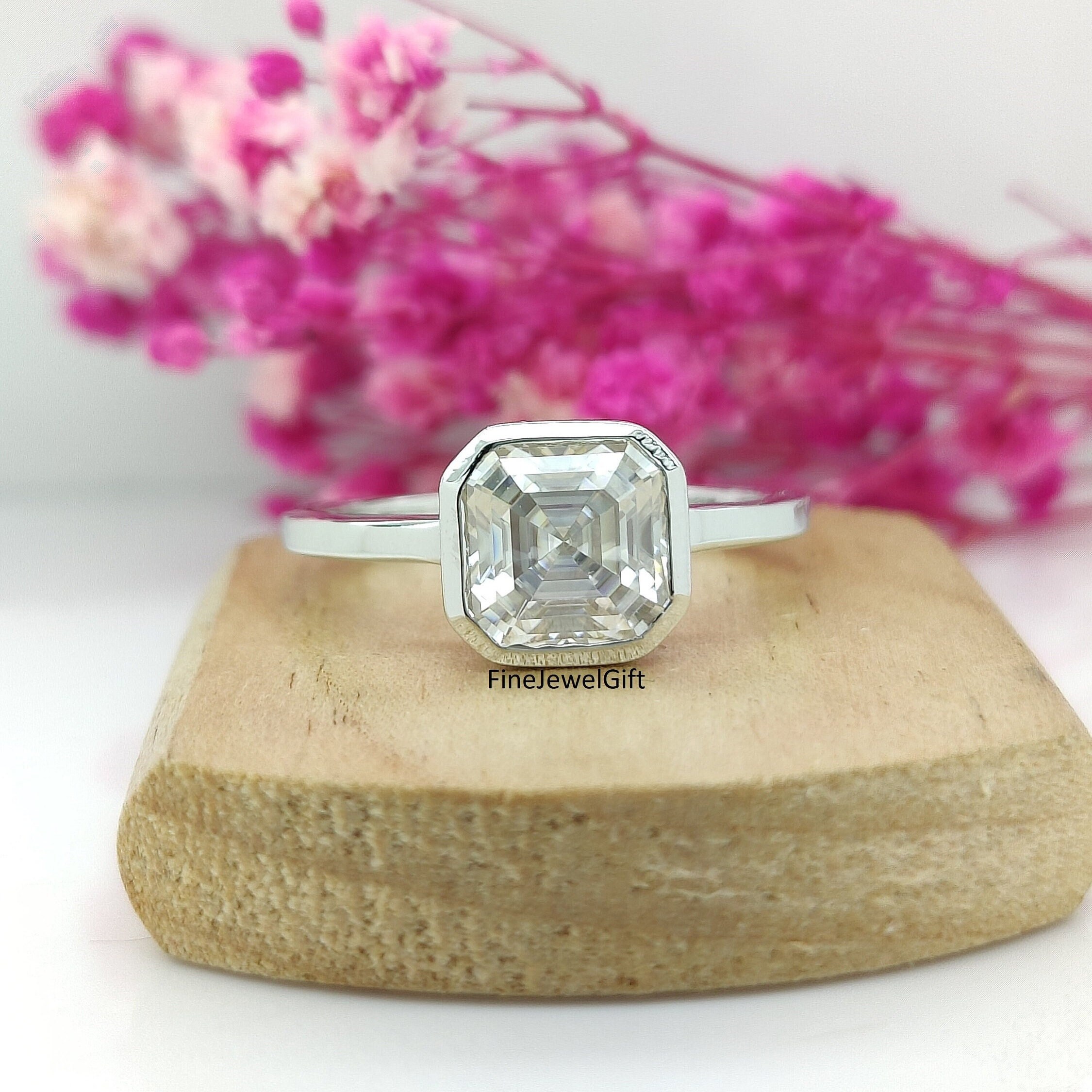14K/18K Solid Gold Ring 3 Ct (8 MM Center)Asscher Cut Lab Diamond And Moissanite Wedding Ring-925 Sterling Silver Ring-Bexel Set Silver Ring