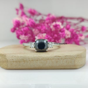 2.50 Ct Black Cushion Engagement Ring 14k/18k White Gold, Emerald Cut Black Onyx Ring, Cushion Black Diamond Solitaire Ring, Solid Gold Ring