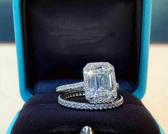 2.50ct Emerald Cut Diamond Halo Engagement Rings, Bridal Ring Set, Emerald Moissanite Rings, 14k White Gold Ring Set, Luxury Bridal Rings