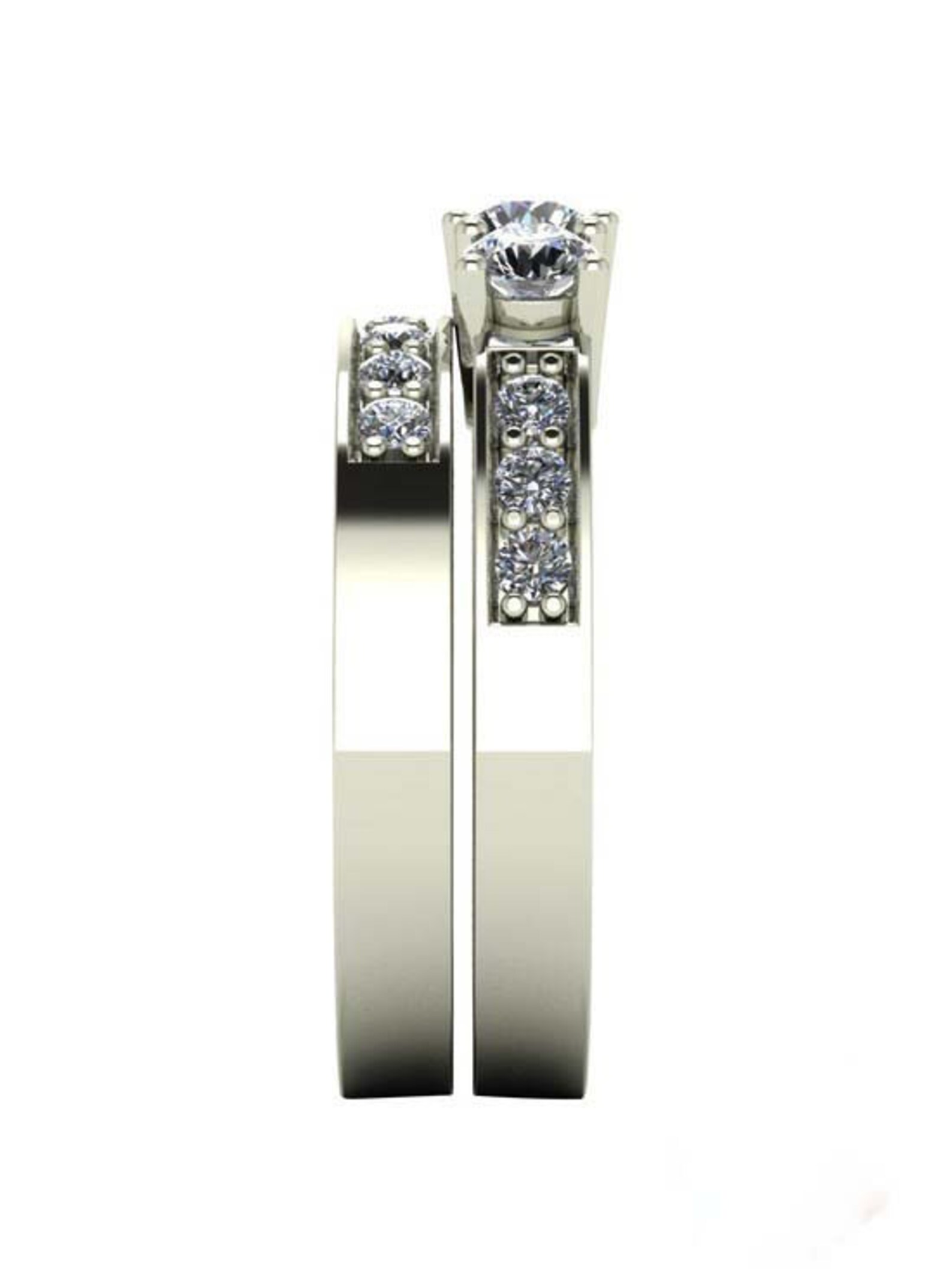 Three Stone Wedding Ring Set Bridal Set 14k White Gold Etsy