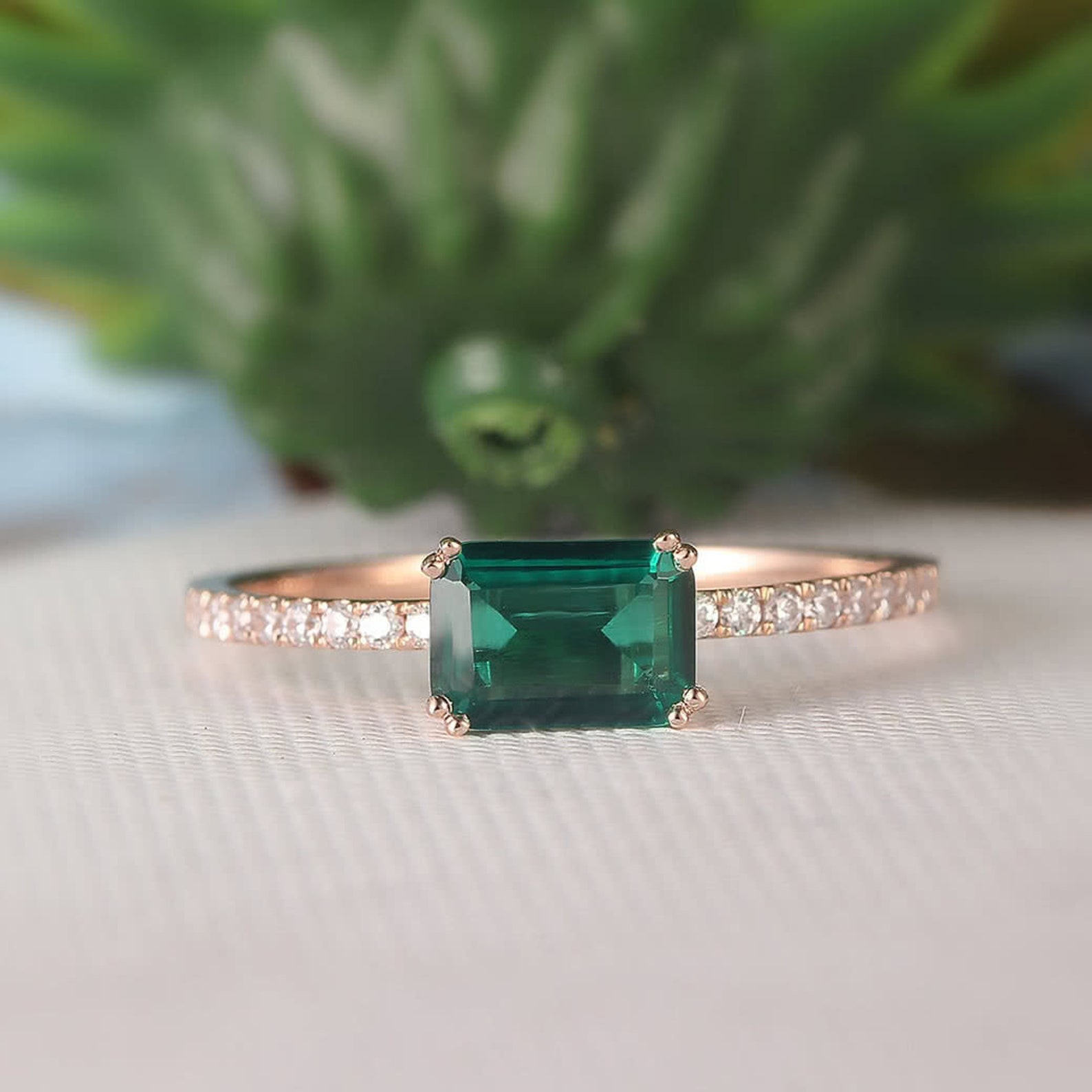 5x7mm Emerald Cut Lab Created Emerald Ring 14K Rose Gold Etsy