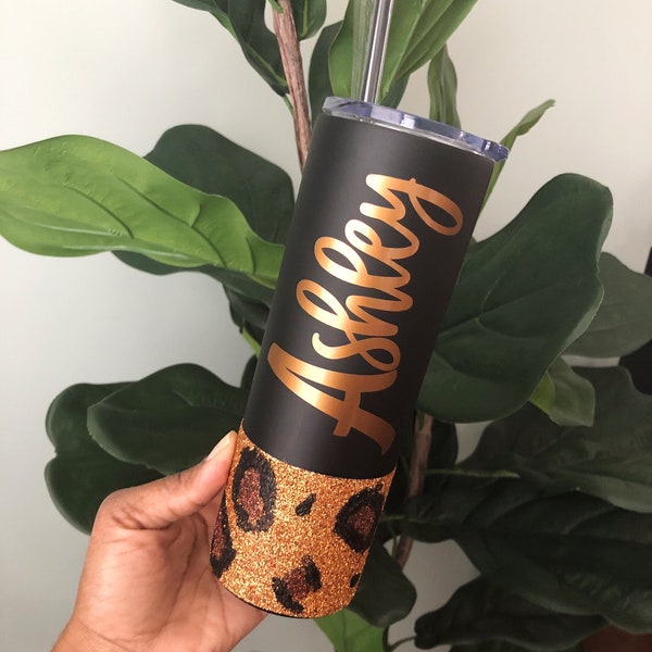 Matte Black Leopard Bronze Personalized Name Tumbler | Stainless Skinny Tumbler | Personalized Bridemaids Gift | Custom Name Tumbler