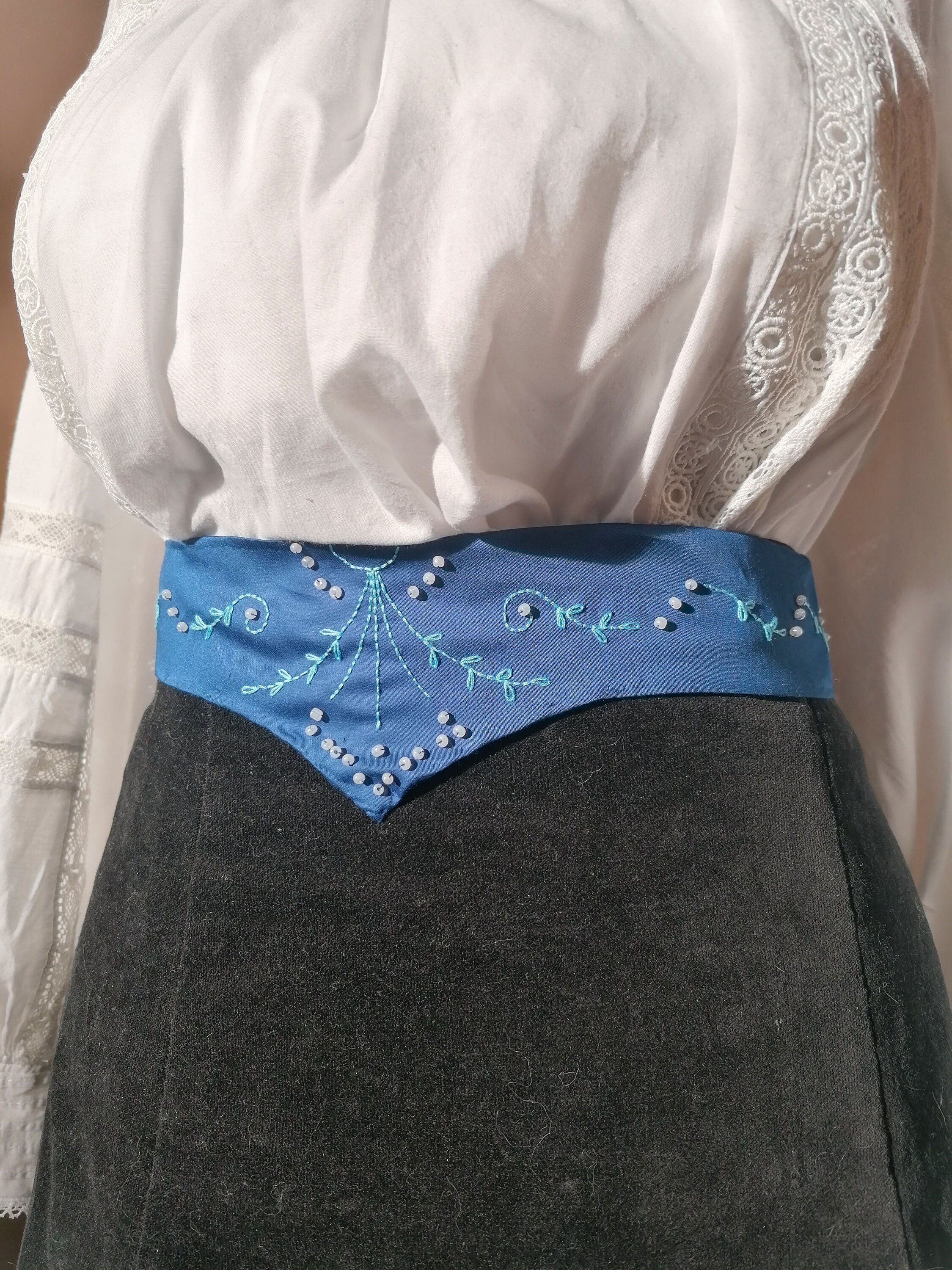 Embroidered Edwardian Belt Blue Cotton Satine - Etsy display picture 2