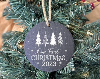 Our First Christmas Ornament, Christmas in our New House 2023, Custom Text Slate, Tree Decoration, Christmas Gift, First Christmas Gifts