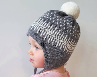 Kids Knit earflap beanie hat with pom in Gray & White - sizes Baby, Toddler, Child - Baby wool winter cap - Baby ski hat