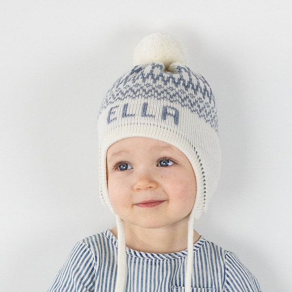 Personalized ear flap knit kids hat with name in White & Blue Gray - Custom baby beanie with ear flaps and Pom Pom - Personalized gift