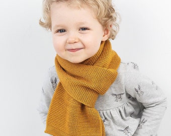 Handmade Mustard Knitted Wool Scarf for Kids, Personalized with Embroidered Name