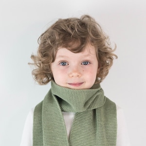 Handmade Sage Green Knitted Wool Scarf for Toddler or Child, Personalized with Embroidered Name image 1