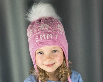 Personalized Girls Winter Hat With Name - Toddler Girl Custom Beanie With Ear Flaps and Pom-Pom - Personalized Gifts For Baby Girl