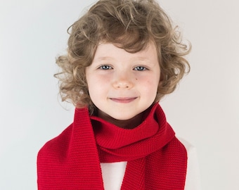 Handmade Bright Red Knitted Wool Scarf, Personalized with Embroidered Name for Kids