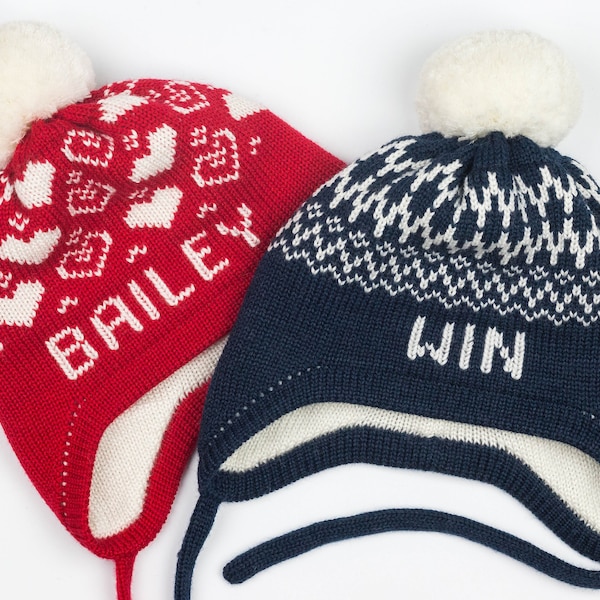 Cappello invernale Fair Isle personalizzato con paraorecchie e pom-pom per i compleanni