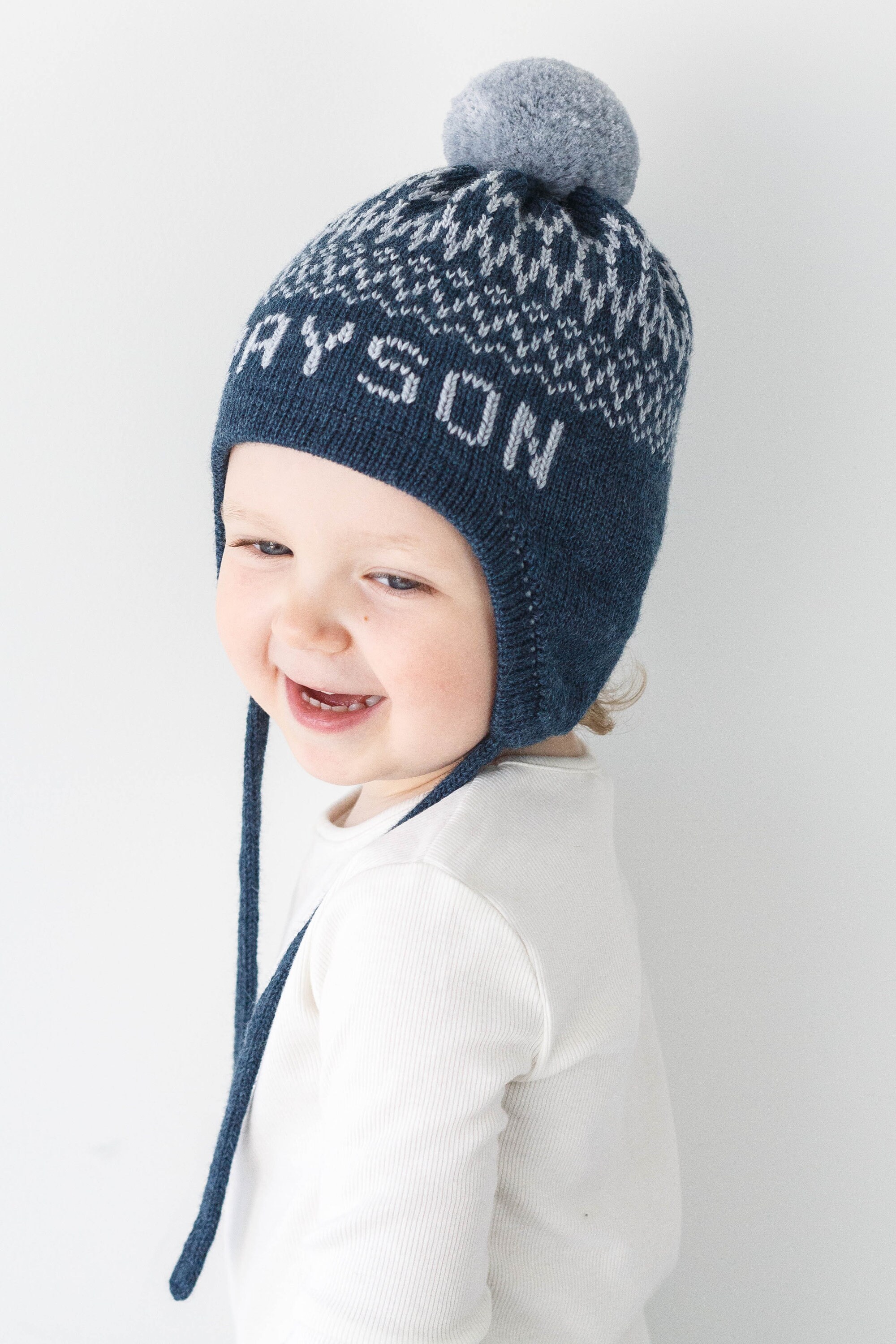 Personalized winter hat for kids with ear flaps and pompom Etsy
