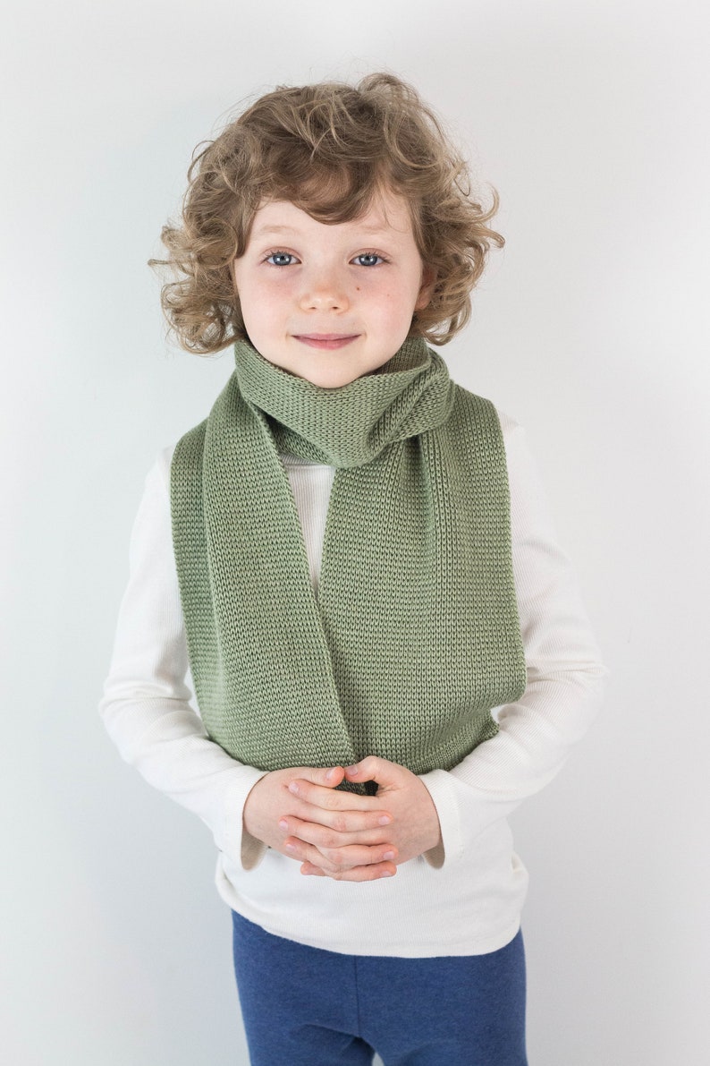 Handmade Sage Green Knitted Wool Scarf for Toddler or Child, Personalized with Embroidered Name image 2