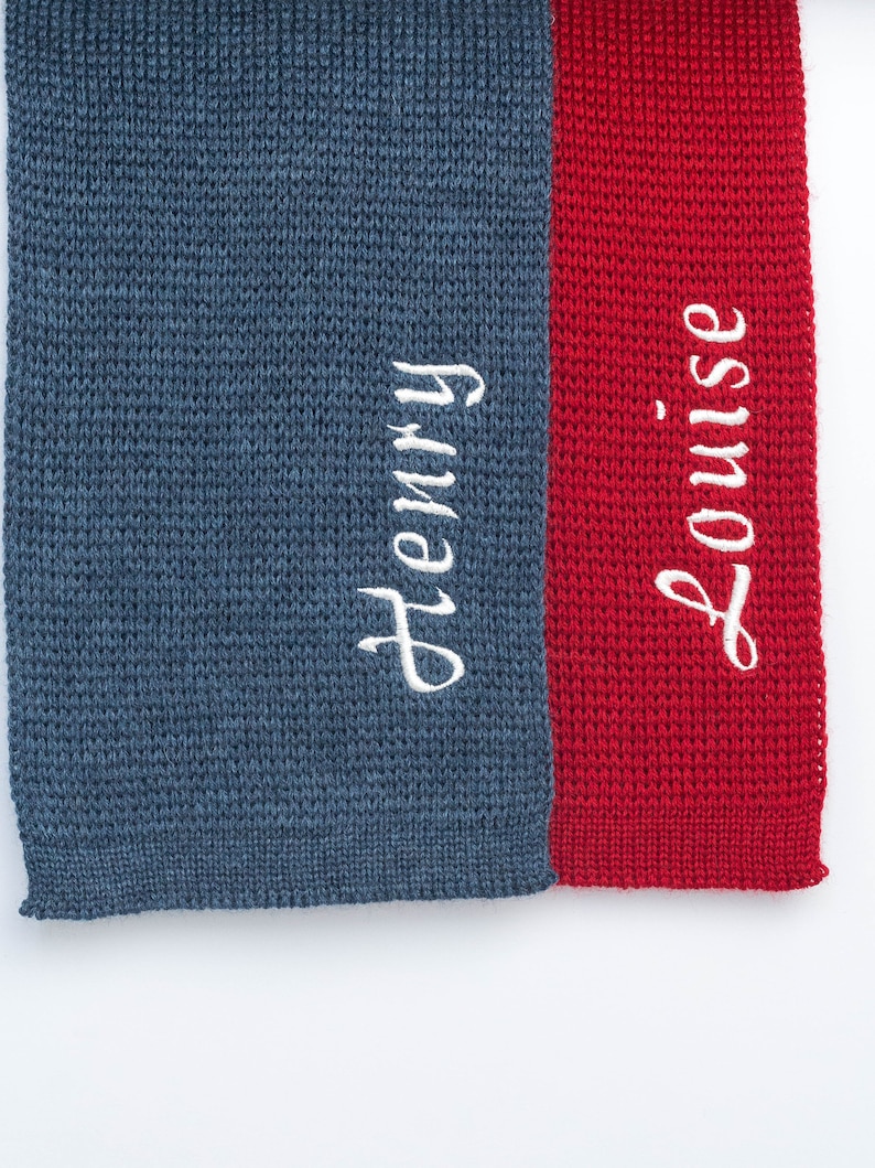 Handmade Red Knitted Wool Scarf, Personalized with Embroidered Name for Boys and Girls image 5