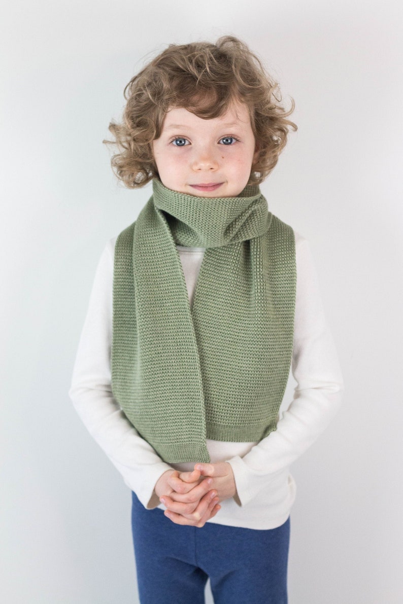 Handmade Sage Green Knitted Wool Scarf for Toddler or Child, Personalized with Embroidered Name image 1