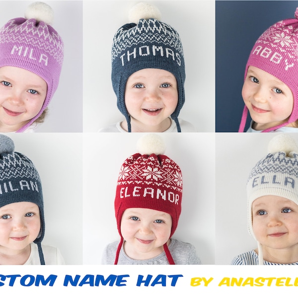 Custom Name Hats by Anastella Knits - Personalized Knit Hat with Ear Flaps and Pom Pom for Kids - Toddler Winter Hat with Name