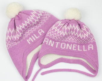 Fast Turnaround - Girls Winter Hat with Name in Lilac / White - Ear Flap Toddler Girl Beanie with Pom-Pom - Monogrammed Baby Girl Gift