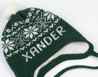Fast Turnaround - Personalized Toddler Boy Winter Hat with Ear Flaps in Dark Green / White - Personalized Earflap Hat - Name Winter Hat