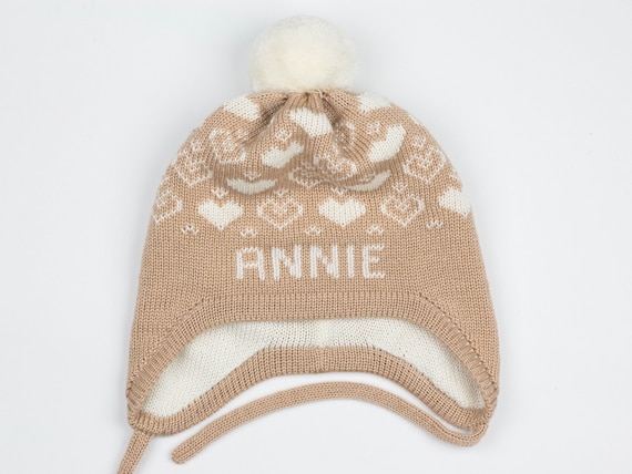 Personalized Knit Winter Hat: Warm Beige With White Hearts  display picture 1