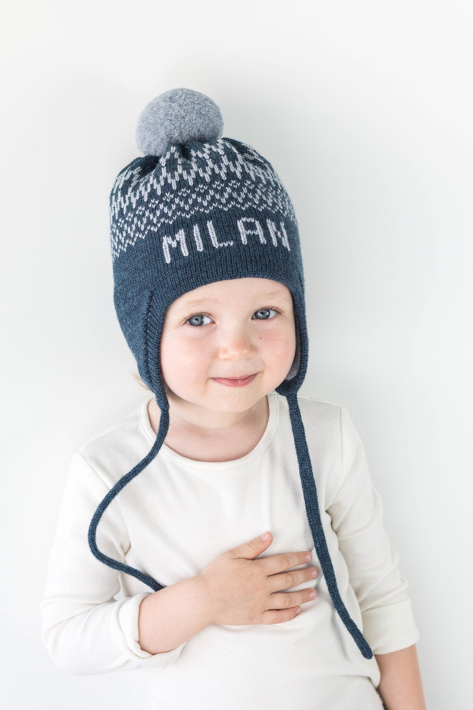 Personalized winter hat for kids with ear flaps and pompom Etsy