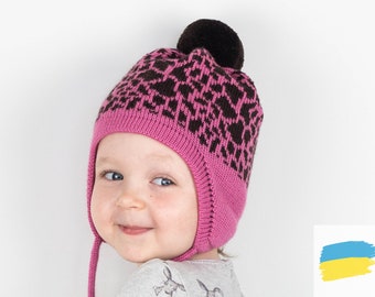 Toddler 2-3 yrs., 19"-20" - Toddler Girl Winter Hat with Ear Flaps, Pom-Pom and Adorable Giraffe Print - Baby Girl Hat in Pink & Brown