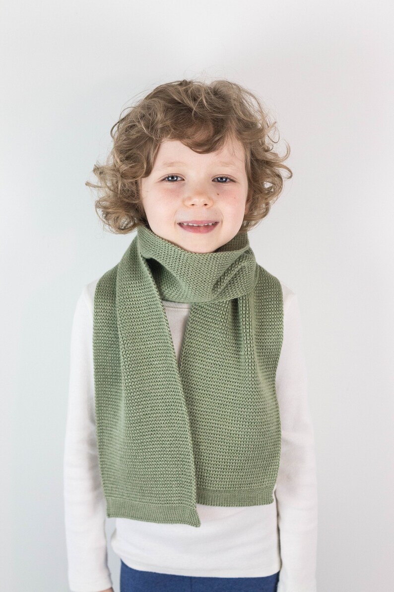 Handmade Sage Green Knitted Wool Scarf for Toddler or Child, Personalized with Embroidered Name image 3