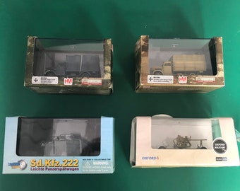 4 x WWII military model vehicles. 3 are 1/72 scale and the Bofors gun is 1/76 scale.