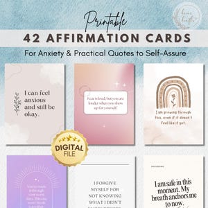 42 Tarjetas de Afirmaciones para la Ansiedad / Tarjetas de Habilidades de Afrontamiento / Afirmaciones de Salud Mental para el Alivio de la Ansiedad y la Conexión con la Tierra