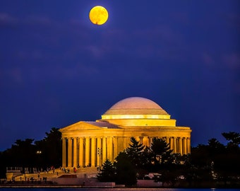 Superluna en el Monumento a Thomas Jefferson, Fotografía en Washington D. C., Decoración de pared en D. C., Foto nocturna en D. C., Impresión de monumento nacional, Cuenca Tidal