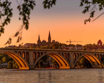 Impresión fotográfica del Puente Key de la Universidad de Georgetown al atardecer en Washington D. C., decoración de pared de D. C., monumento nacional, monumento imprimible de D. C.