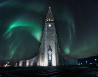 Fotografía de la aurora boreal, impresión de arte mural de la aurora boreal, foto del cielo nocturno de la aurora boreal, paisaje de Reikiavik, Islandia, auroras polares
