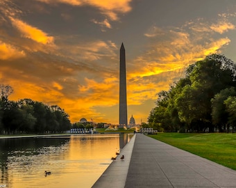 Atardecer en el National Mall, Monumento a Washington, Fotografía de Washington D. C., Monumento, Arte mural de D. C., Impresión artística, Fotografía arquitectónica, Capitolio de EE. UU.