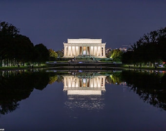 Impresión digital del Monumento a Lincoln de noche, Washington D. C., decoración de pared, paisaje urbano, impresión de bellas artes, fotografía nocturna, monumento, capital de EE. UU.