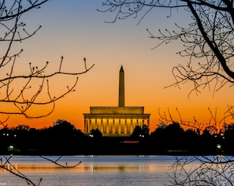 Amanecer en la Cuenca Tidal del Monumento a Lincoln, Fotografía de Washington D. C., Decoración de pared de D. C., Impresión fotográfica de D. C., Arquitectura, Monumento Nacional