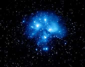 Fotografía de las Siete Hermanas de las Pléyades, cielo nocturno, decoración de pared con impresión de estrellas, fotografía espacial, foto celestial imprimible, Messier 45