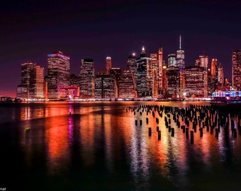 Fotografía nocturna del horizonte de la ciudad de Nueva York, impresión artística, paisaje urbano, panorámica de Nueva York, foto nocturna de Nueva York, decoración de pared de Nueva York