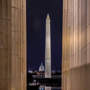 Washington Monument US Capitol Reflecting Pool from Lincoln Memorial, DC Print, Wall Art Decor, Cityscape, Washington DC Night Photography