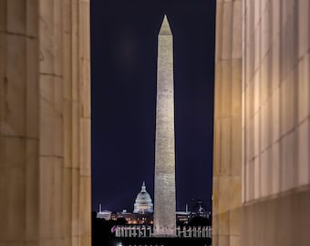 Washington Monument US Capitol Reflecting Pool from Lincoln Memorial, DC Print, Wall Art Decor, Cityscape, Washington DC Night Photography