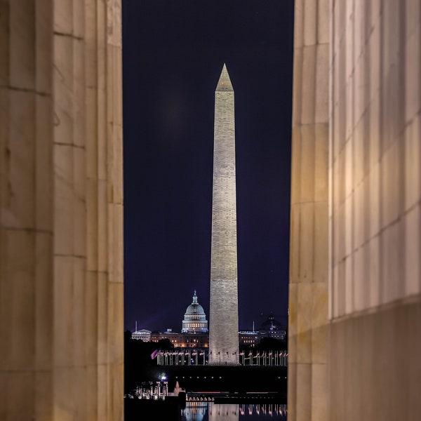 Washington Monument US Capitol Reflecting Pool from Lincoln Memorial, DC Print, Wall Art Decor, Cityscape, Washington DC Night Photography