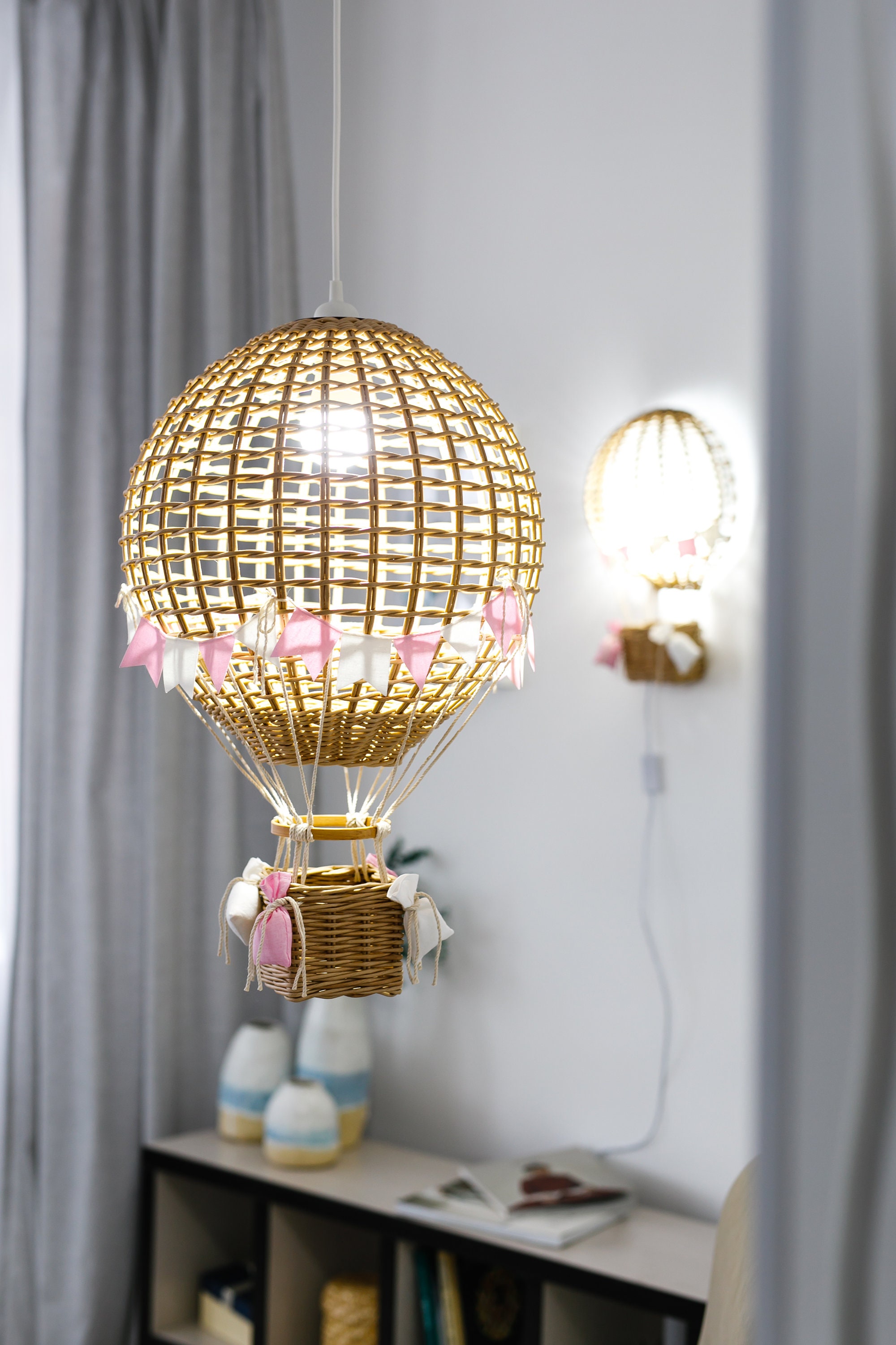 Hanging bedside hot air balloon wicker lamp shades night Etsy