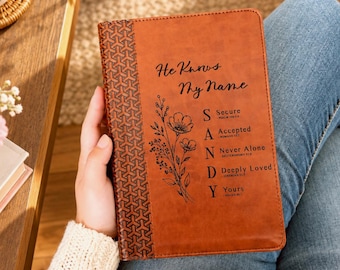 Personalized KJV Study Bible, Custom Engraved Acrostic Name with Verse Reference, Floral Design, Christian Bible Gift for Her