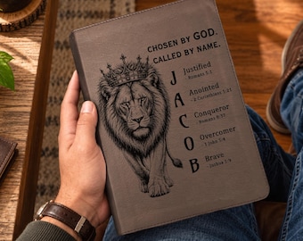 Personalized ESV Journaling Bible, Custom Engraved Acrostic Name with Verse Reference, Lion Design, Christian Bible Gift for Him