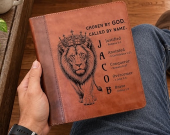 Personalized ESV Journaling Study Bible, Custom Engraved Acrostic Name with Verse Reference, Lion Design, Christian Gift for Him