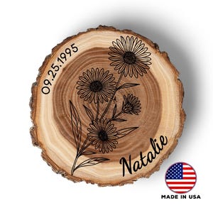 Personalized Birth Flower September Coaster, Real Wood Birth Month Flower Gift, Made in USA Birthday Gift for Her, Girlfriend, Wife, or Mom