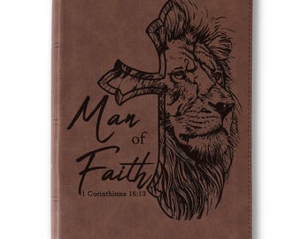 Personalized KJV Single-Column Bible, Custom Bible Engraved Name, Man of Faith Lion Design, Christian Gift, Baptism Gift, Bible Gift for Him