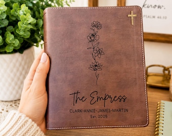 Personalized NIV Family Bible, Birth Month Flower Bouquet, Journaling, Red Letter, Custom Engraved Bible, Wedding Guest Book, Wedding Gift