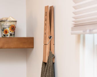 Toallero gigante personalizado con pinzas para la ropa, decoración rústica de pared, pinza grande de 30 cm para baño y lavandería.
